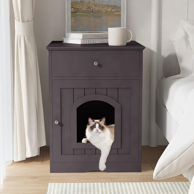 Wooden Cat Litter Box Cabinet with Drawer Hidden Pet House, Sofa Side Table, Indoor Pet Cage Storage Cabinet, Cat Hidden Cave Furniture for Living Room, Bedroom (Brown, 25 inches)