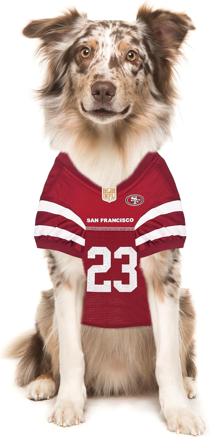 Pets First NFLPA Christian MCCAFFREY PET Jersey #23, NFL Dog Shirt, San Francisco 49ers Mesh Jersey, Size Medium