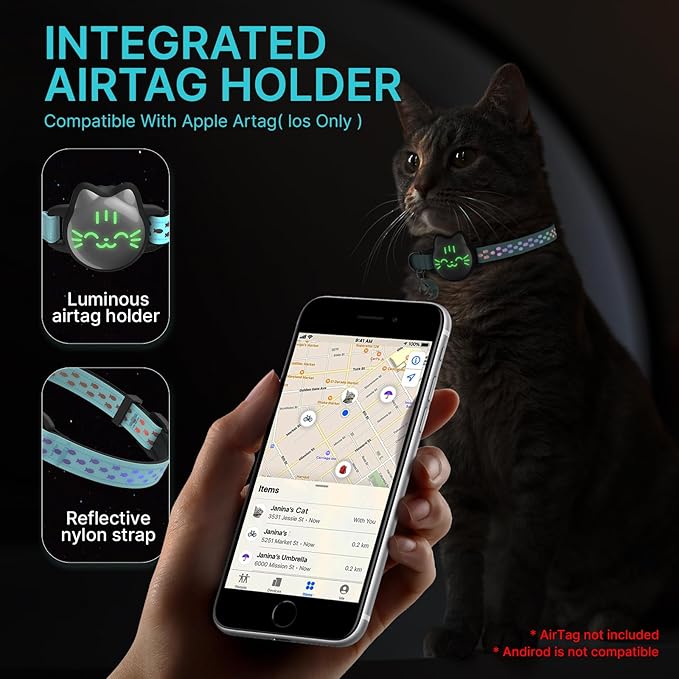 Waterproof Airtag 2nd & 1st Cat Collar, Breakaway Cat Airtag Collar with Luminous & Reflective Pattern Strap, Lightweight Kitten Collars for Apple Air tag, Hidden Holder - Cats, Kittens