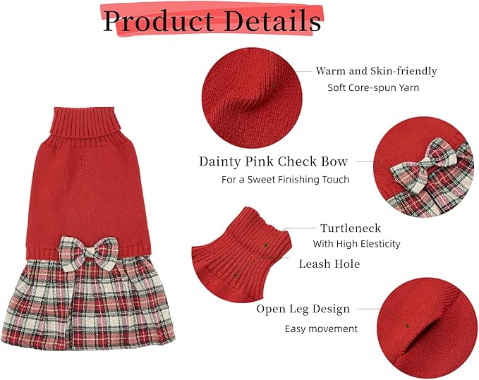 Lanyarco Burgundy Red Knitted Dog Sweater Dress, Plaid Girl Dog Clothes Winter for Small Dogs, Terrier Doggy Pet Apparel, Red, Medium (M)