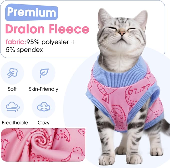 DENTRUN Sleeveless Cat Vest with Dinosaur Print, Breathable Ultra-Soft Dralon Fleece Cat Sweater, All-Season Pet Costume Apparel for Cats, Kitten Clothing for Indoor/Outdoor, Pink, S