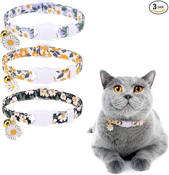 3 Pack Breakaway Cat Collars with Bell- Flower Pendant Spring Cat Collar for Girl Boy Cats with Safety Buckle- Cute Kitten Collar Adjustable 8"-12" for Kitty Puppy Small Pets
