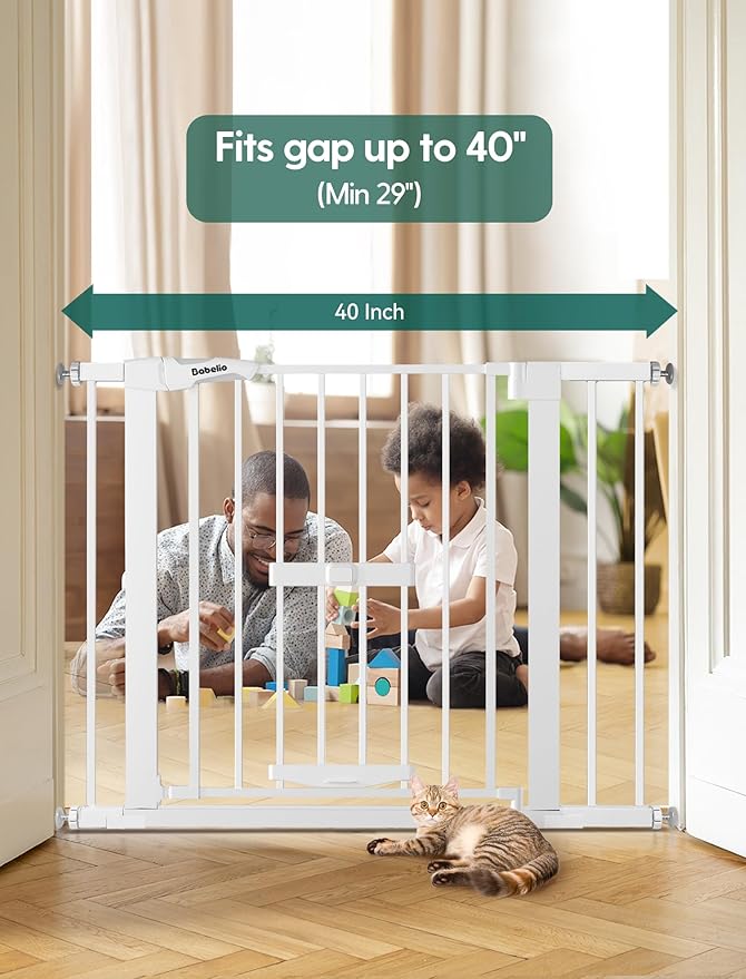 Babelio New Version Baby Gate with Cat Door Adjustable, 29-40" Metal Pet Door for Stairs & Doorways, Pressure Mounted, No Tools Needed, White