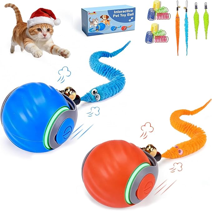 2-Pack Smart Cat Toy Ball, Automatic Rolling Interactive Cat Toys for Indoor Cats, Motion Activated 2 Speeds Rechargeable Cat Enrichment Toy with 4 Tails, Perfect for Kittens & Adult Cats