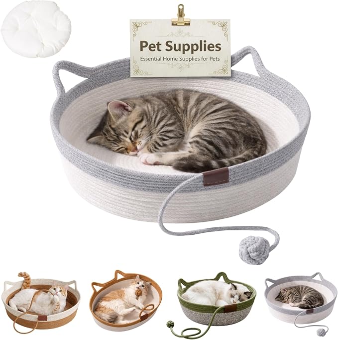 Interactive Cat Bed Basket Handwoven Cotton Rope Stimulicat Cat Basket with Toy Ball, Foldable Scratchable Instinct Basket for Cats & Kittens Stimuli Cat Basket Nest