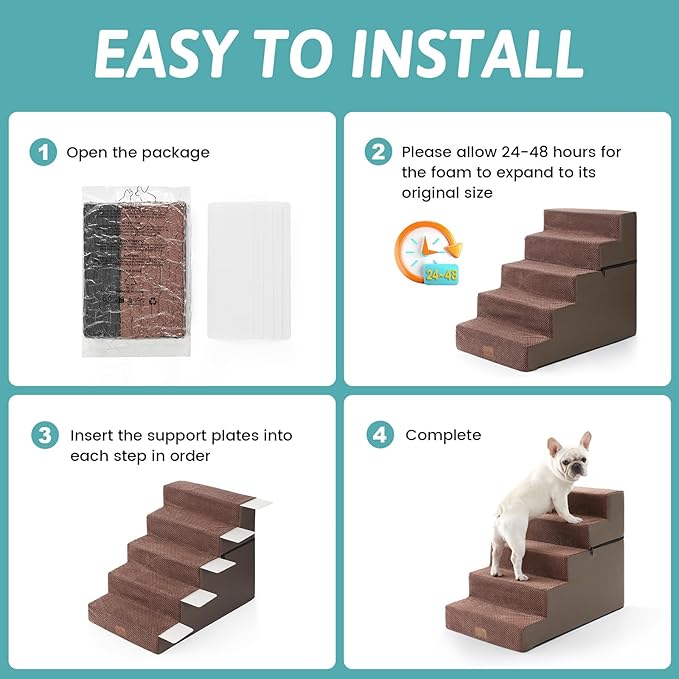 COZY KISS Dog Stairs with Detachable Zipper, 19.7" Extra Wide Right-Angle Pet Stairs for Bed, Anti-Slip Dog Steps for Lowrider and Puppy, Elderly Cats with Support Board, 19.7x29.5x23.6 inch, Brown