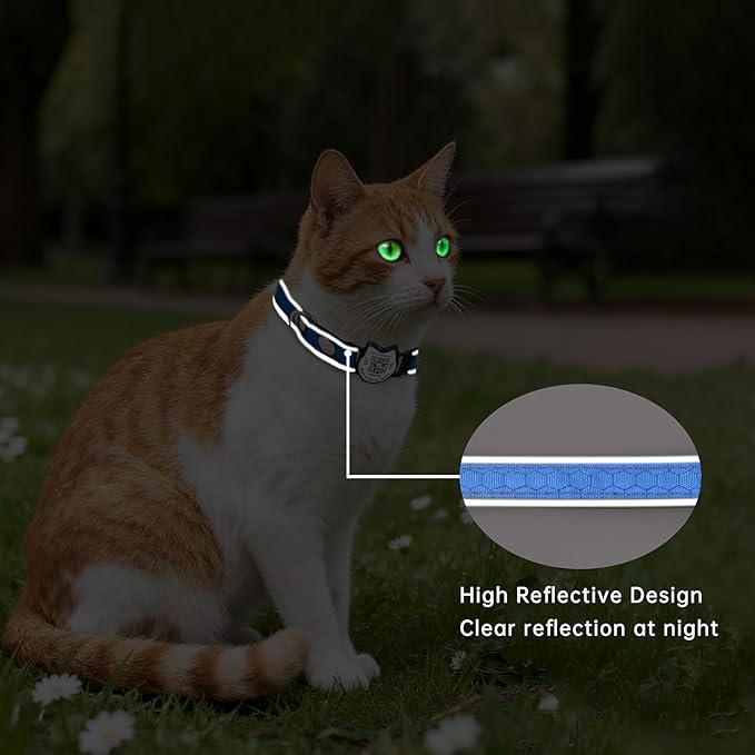 Cat Collar with Bells Reflective Cat Collars Breakaway with Oxford Cloth Soft Padding Adjustable Kitten Collar with QR Code(Blue)