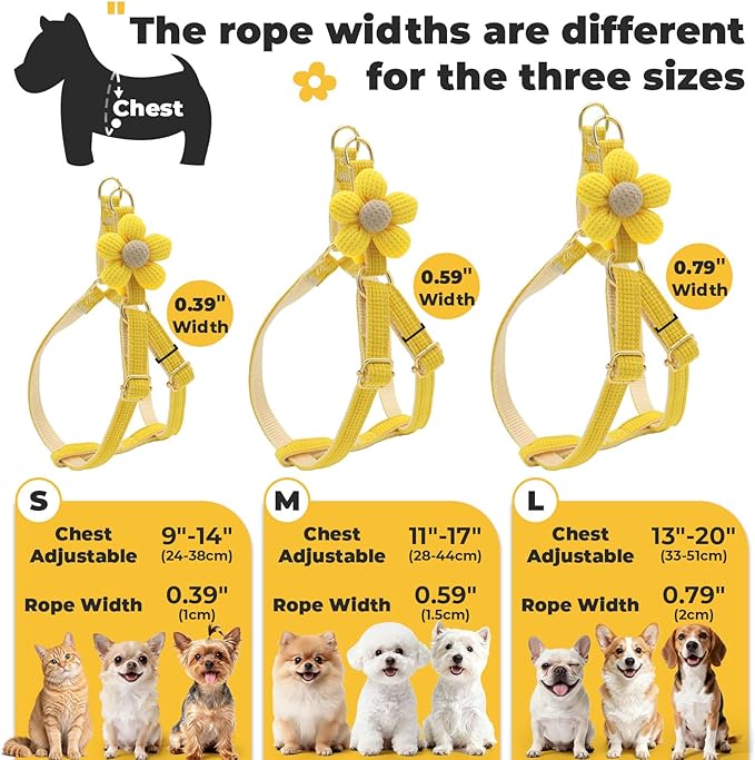 PETCARE Cute Flower Dog Harness and Bowtie Leash Set Easy Walk Puppy Dog Halter Harness for Small Dogs Girl Step in Dogs Harnesses with Buckle (Yellow, Chest Adjustable 11"-17", Rope Width 0.59")