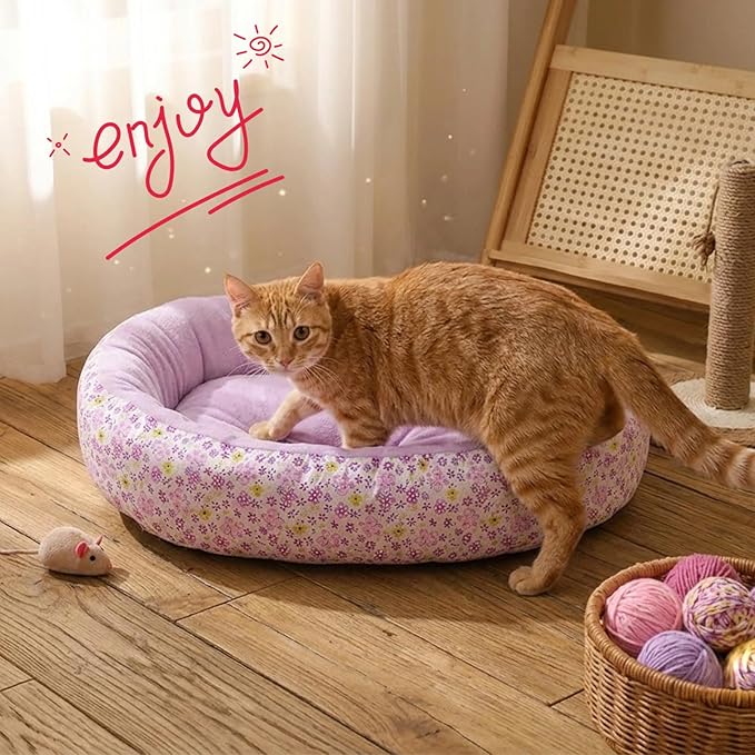 Floral Print Cat Beds for Indoor Cats Cozy Plush Fabric, Supportive Raised Sides, Non-Slip Bottom Washable Mat for Small Medium Pet Puppy Dog (Purple,Medium)