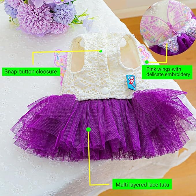 ANIAC Butterfly Dog Dress with Purple Tutu Funny Doggy Clothes with Wing Girl Puppy Dress for Small Dogs Pet Butterfly Costume Holiday Cat Outfit for Halloween Birthday Wedding (Purple, X-Large)