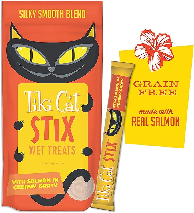 Tiki Cat Stix Wet Treats, Grain Free Lickable Silky Smooth Blend in Creamy Gravy - Chicken, Salmon and Duck with 10ct Pet Wipes
