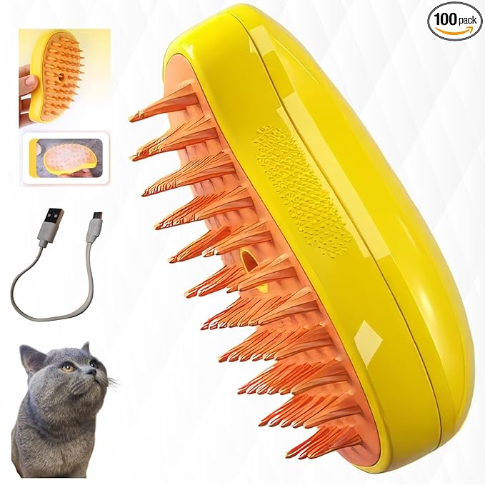 Cat Steam Brush,pet steam brush, 3 In1 Cat Grooming Tool,Cats Hair Steamer(YELLOW)