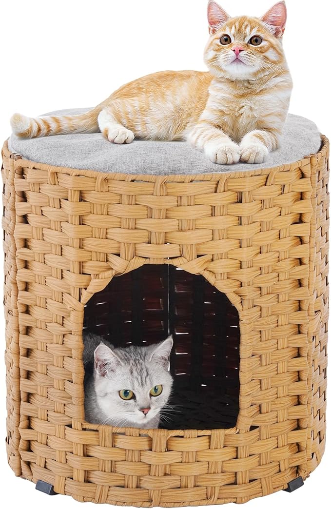SETVSON Cat House for Indoor Cat, Large Double Cat Houses Cat Bed Cave, Handwoven Rattan Pet Beds with One Soft Pad, 17 x 17 x 17 Inches Foldable Kitten Hideaway in Living Room Natural