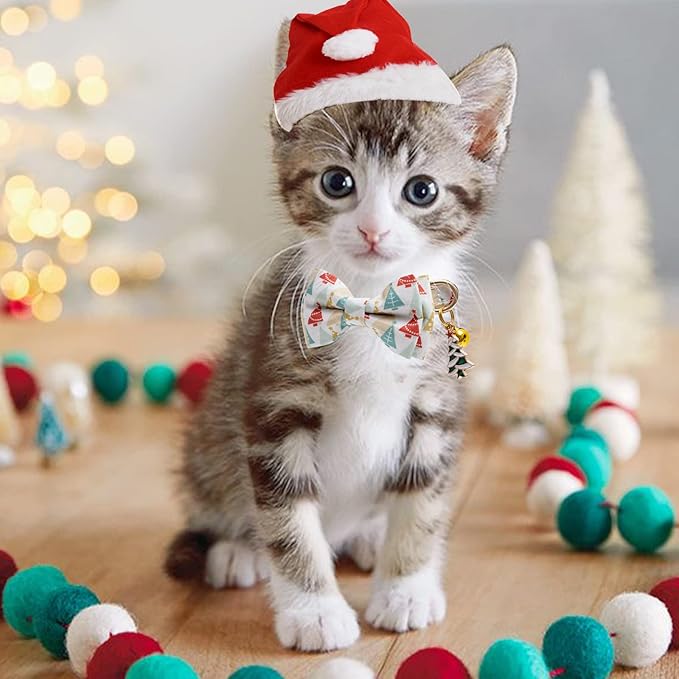 2 Pack Cotton Christmas Cats Collar with Bow Tie Beige Red Green Cat Collars for Girl Female Boy Male Cat Collar with Bell Christmas Trees Charms