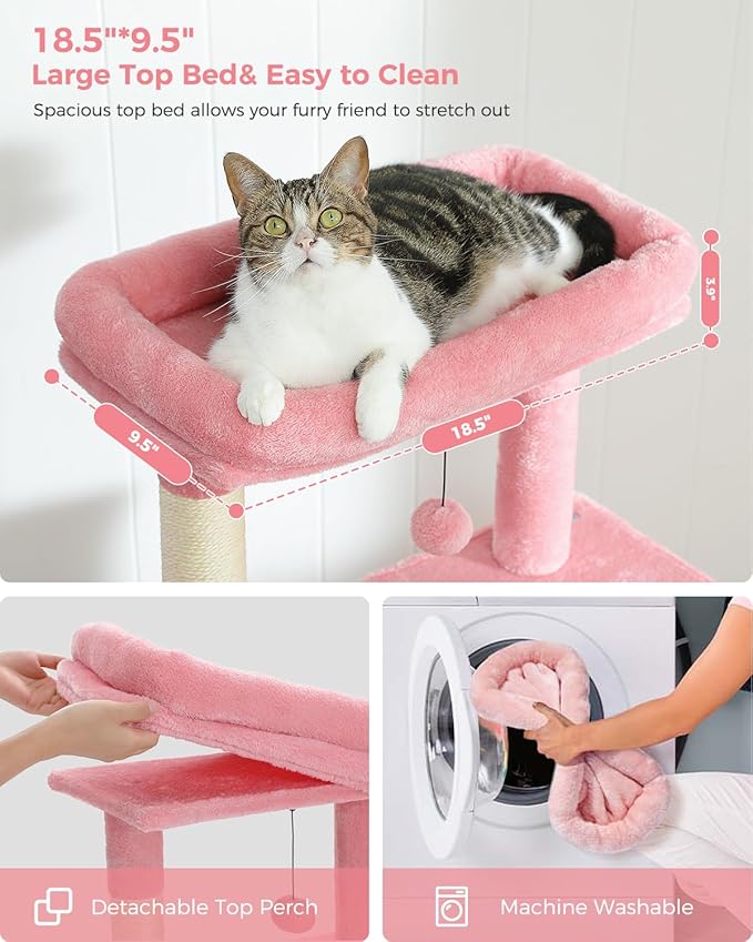 MUTTROS Pink Cat Tree for Large Cats with Super Large Top Perch,56.2" Multi-Level Tower for Indoor Cats with Hammock, Cat Shelves with Scratching Posts and 2 Condos Houses, Pink