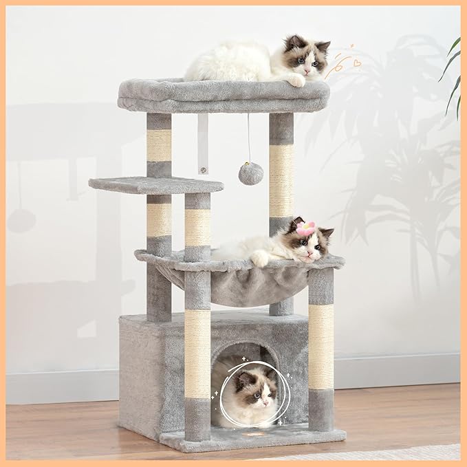 Heybly Cat Tree, Kitten Tower with Large Soft Cat Basket,Cat Condo with Spacious Cat Bed Cave with Hidden Space，Sisal-Covered Scratching Posts,Dangling Ball for Indoor Cats, Light Gray HCT008SW