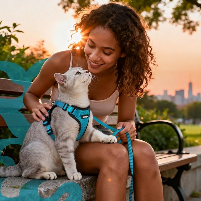 rabbitgoo Cat Harness and Leash for Walking, Escape Proof Soft Adjustable Vest Harnesses for Cats, Easy Control Breathable Reflective Strips Jacket, Teal, S