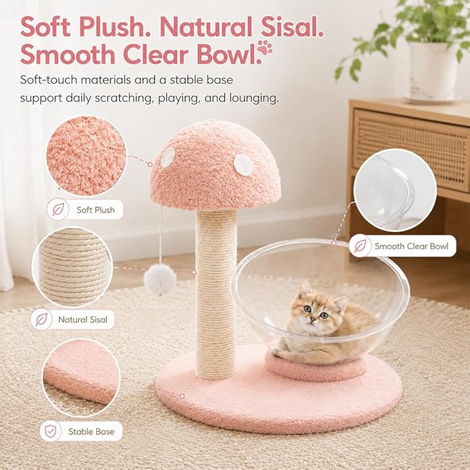 Mushroom Cat Tree for Kittens and Small Cats, 14.17" Cat Scratching Post with Clear Bowl Bed, Pink Sisal Scratcher with Pom Pom Toy, Stable Plush Base, Easy Assembly for Indoor Cats