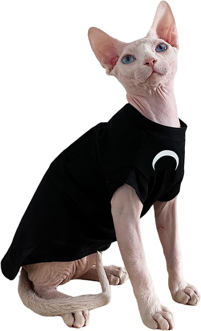 Sphynx Cat Clothes, Moon Print Turtleneck Cotton T-Shirt for Devon Rex Sphynx Cats (Black Short Sleeve, Small)