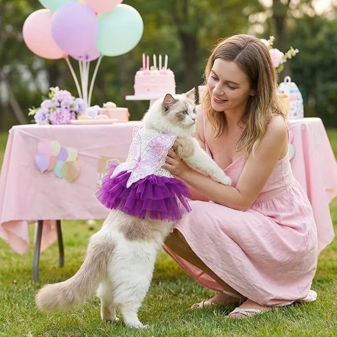 Dog Fairy Costume with Butterfly Wings, Cat Princess Dress for Small Dogs Girls, White Lace Knit Top and Purple Tulle Skirt, Fairy Wings for Dogs Halloween Outfit 14.3-17.6lbs (Purple,XL)