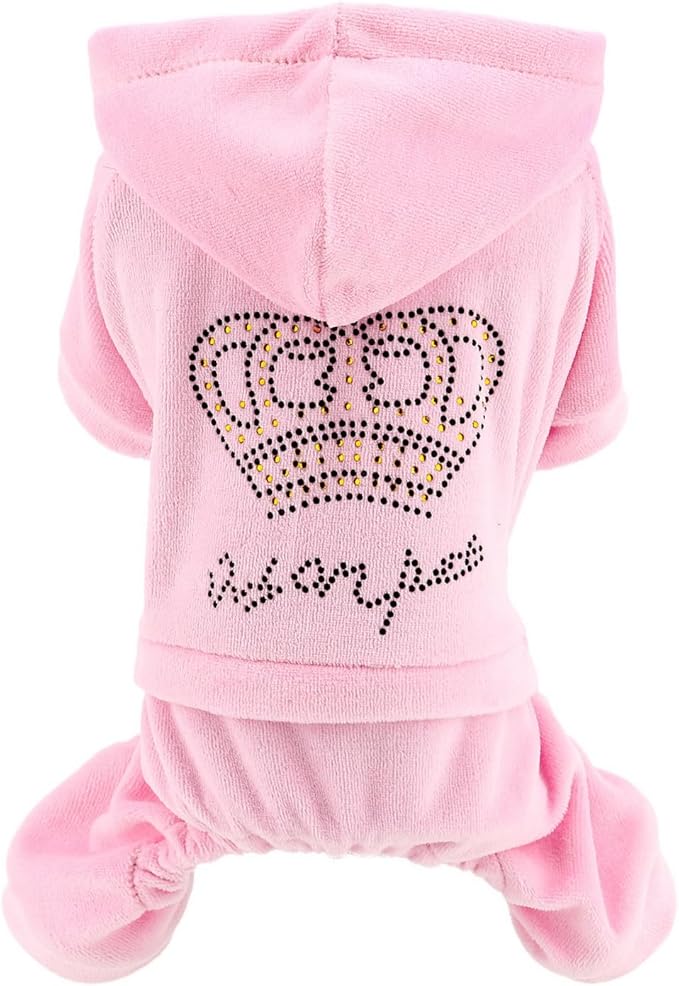 SMALLLEE_LUCKY_STORE Dog Hoodies for Small Dog Girls Rhinestone Crown Doggie Outfits Puppy Pajamas with Leash Hole Stretchy Soft Velvet Clothes 4 Legged Jumpsuit Pet Tracksuit Cat Apparel