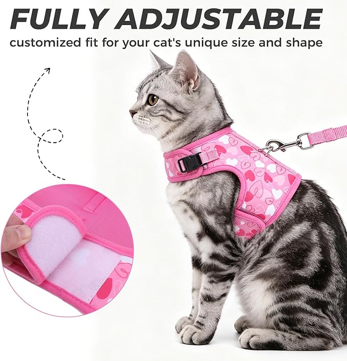 BINGPET Cat Harness and Leash Set Escape Proof for Walking,Step-in Harness with Lightweight Soft Breathable Mesh,Adjustable Easy Control Harness for Kitten Puppy Small Medium Large Cats(Heart,L)