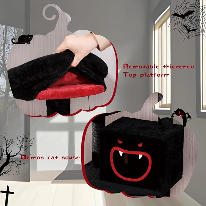 YARUOMY Gothic Cat Tree with Coffin Bed，62.5" Black Cat Tower with Spacious Demon Styled Cat Condo，Cozy Plush Perch, Scratching Posts，Hanging Ball，Multi-Level Cat Activities Furniture for Large Cats