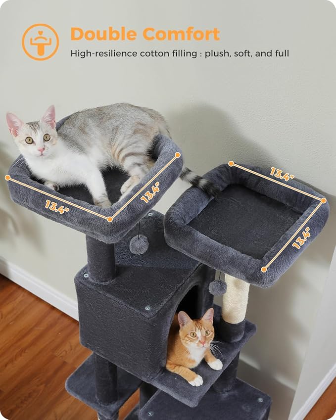 MUTTROS Cat Tree, 52.4" Multilevel Cat Tower for Indoor Cats, Plush Cat Tree House with 2 Padded Perches, 2 Condos & 2 Scratching Posts, Dark Gray