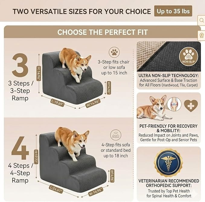 Dog Stairs for Small Dogs，35D Pet Stairs Steps 15” H with Durable Non-Slip Waterproof Fabric Cover, Slope Stairs to Bed for Small Dogs and Cats or Pets Joints, 3 Step Dog Ramp for Couch and Bed