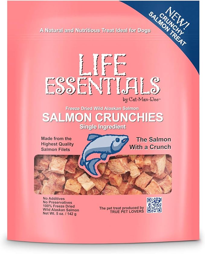 Life Essentials by Cat-Man-Doo | Salmon Crunchies - 5oz. Bag | Freeze Dried Salmon Cat & Dog Treats | Healthy, Single Ingredient, Training Treats, High Protein