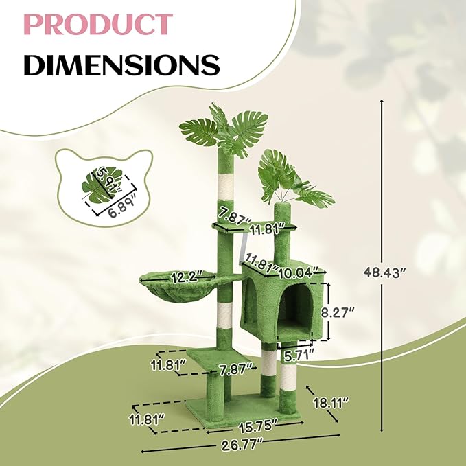 VINGLI Cat Tree, Cat Tower with Leaves, Cat Condo for Indoor Kittens, Cats Activity Center with Cozy Hammock, Sisal Scratching Posts, Green (48" H)