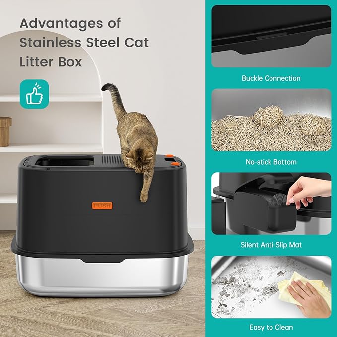 WoofiGo Enclosed Stainless Steel Cat Litter Box with Lid, XL Extra Large Litter Box for Big Cats, Metal Litter Pan High Sided, Never Absorbs Odors, Anti-Urine Leakage, Include Scoop (V-Black)