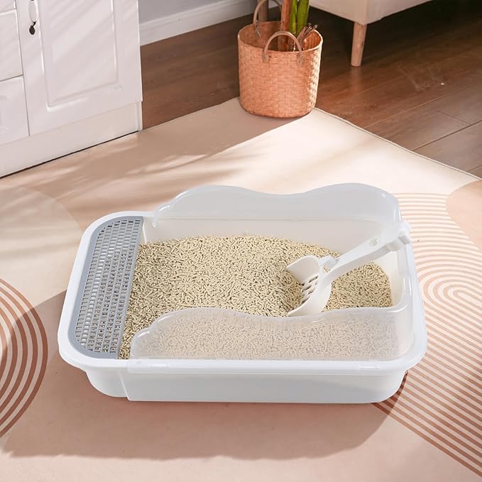 1-Pack Anti Splash Pet Litter Box with Frame, Open Top Cat Litter Box with Scoop, White