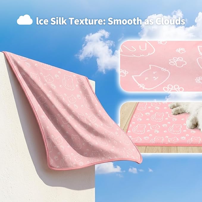 NWK Pet Cooling Mat for Large Dogs -Q-Max>0.345 Ice Silk Cooling Mat for Dogs & Cats Portable & Washable Pet Cooling Blanket, Car Seats, Beds for Summer (Pink Cat, 39'' X 27'' X 0.3'')