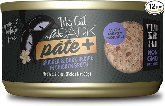 Tiki Cat After Dark Pate+ Wet Cat Food, Chicken & Duck, 2.8 oz. Cans (Pack of 12)
