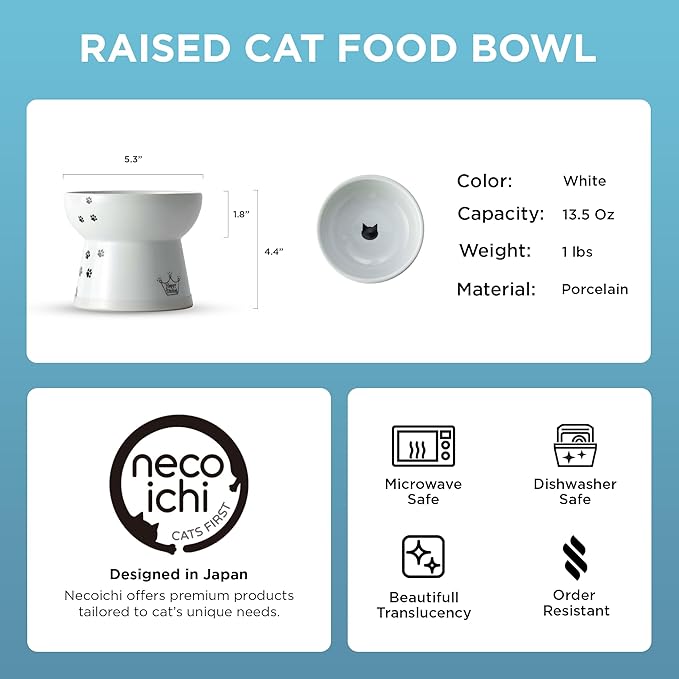 Necoichi Raised Cat Food Bowl – Ceramic Elevated Cat Bowl for Whisker & Neck Fatigue, Dishwasher Microwave Safe – Non-Slip & Anti Vomiting Ergonomic Design (Cats, Large)