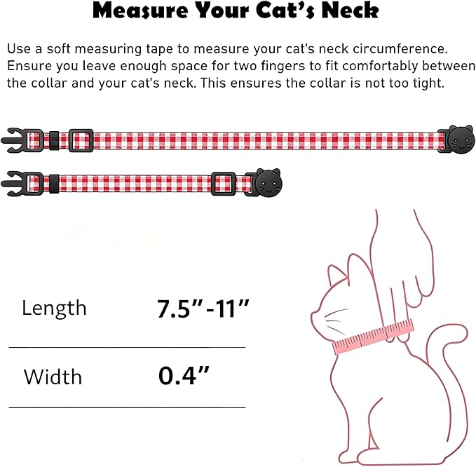 2 Pack Cotton Breakaway Cat Collars with Bell and Charms Red Solid Plaid Safety Collars for Girl Boy Cats, Cat Head and Paw Pendant Cute Kitten Collars