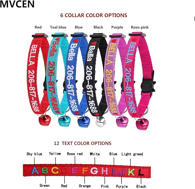 MVCEN Personalized Cat Collar,Personalized Nylon Cat Collar Breakaway with Bell - Custom Embroidered Text ID Collars with Pet Name and Phone Number