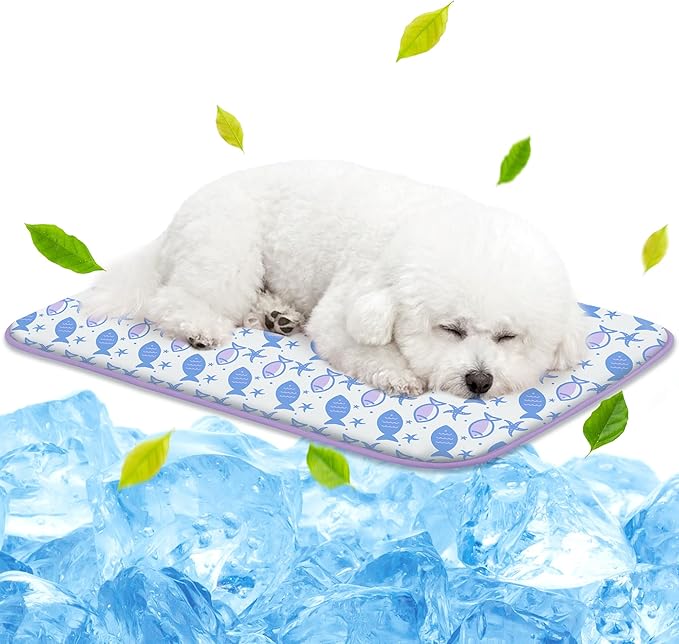 NWK Pet Cooling Mat -Q-Max>0.345 Ice Silk Cooling Mat for Dogs & Cats Portable & Washable Pet Cooling Blanket, Car Seats, Beds for Summer (Purple Fish, 27'' X 20'' X 0.3'')