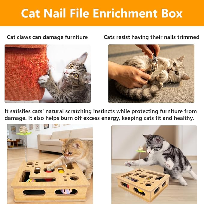 Cat Scratch Puzzle Enrichment Box,Cat Nail File Enrichment Box,No Assembly Required,Built-in Sandpaper Trims Your pet's Claws as They Play(Burlywood Color)