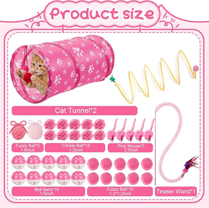 Leitee 40 Pcs Cat Toys Pack for Indoor Cats Kitten, Variety Set with 2 Cat Tunnel Collapsible Cats Spring Tube, Feather Teaser Wand, Bell, Mouse, Fuzzy Ball for Interactive Gift(Pink)