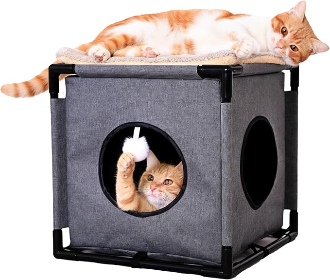 Cat Beds for Indoor Cats - Cat Hideaway，Muti-Functional Cat Cave Bed with Soft Velvet Pad and Fluffy Ball，Elevated Cat House for Multiple Cats，Grey
