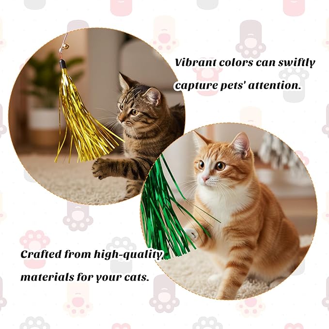 8 Pcs Cat Wand Toy Replacement with Bell Metallic Foil Tassel, 9 Inches Interactive Wand Toys for Indoor Cats for Most Cats Chase Exercise with Kitten (Multi Colored)