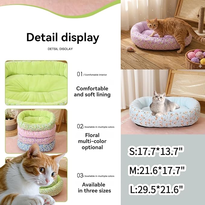 Floral Print Cat Beds for Indoor Cats Cozy Plush Fabric, Supportive Raised Sides, Non-Slip Bottom Washable Mat for Small Medium Pet Puppy Dog (Pink,Small)