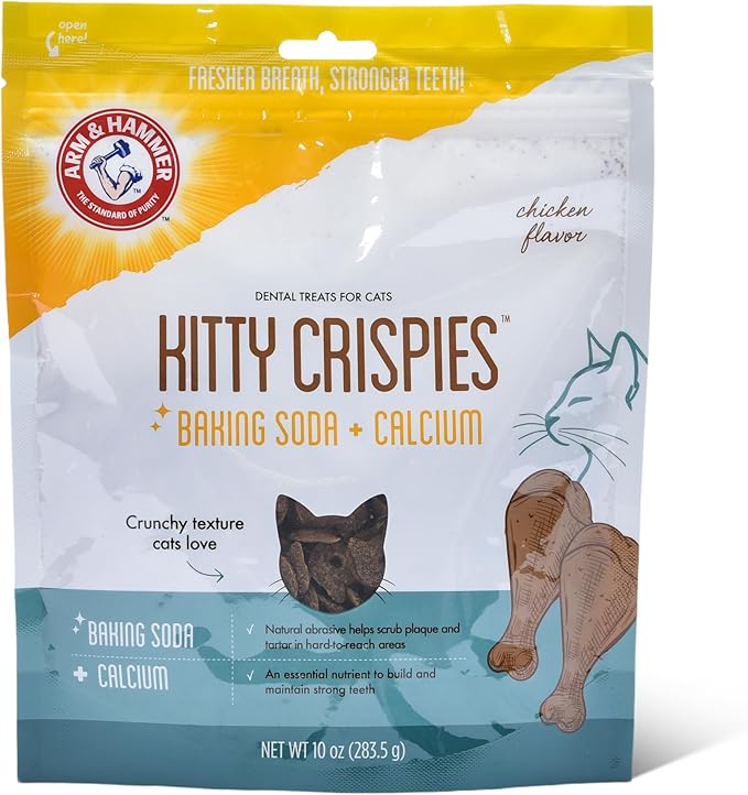 Arm & Hammer Kitty Crispies Dental Cat Treats, Baking Soda & Calcium Formula, Fights Bad Breath, Plaque & Tartar Without Brushing, Highly Digestible, Chicken Flavor, Adult Cats, 10 Oz