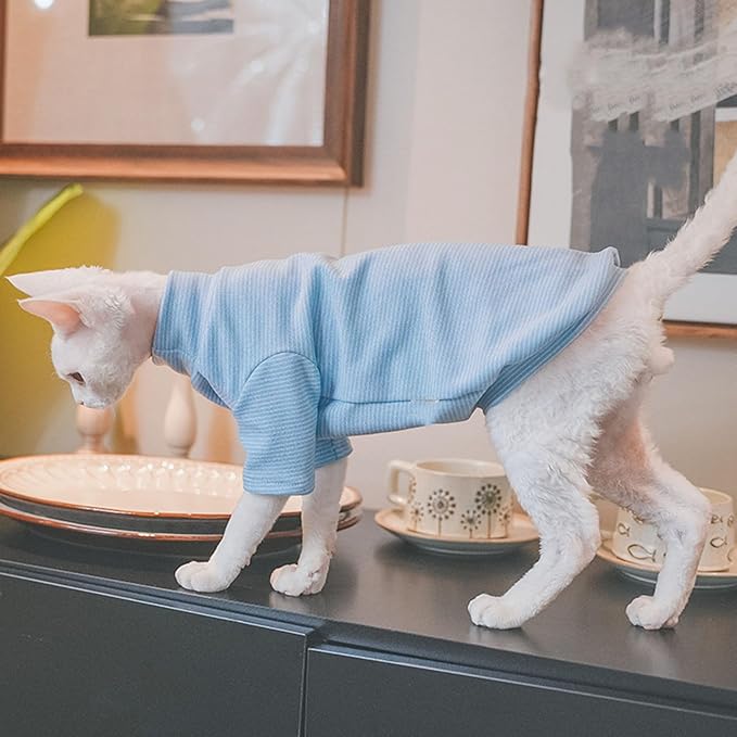Sphynx Cats Warm Fleece Shirt Cat Turtleneck Undershirt Thermal Hairless Cat Clothes for Sphynx, Devon, Cornish Cat Clothes and Small Kitten and Dogs (Blue Pinstripe, X-Large)