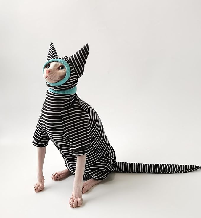 Hairless Cat Clothes, Cat Jumpsuit with Stripes 4 Legged Pajamas, Sphinx Clothing, Cat Apparel for Cats, Pet Onesies, Striped Cat Clothing with Hat and Tail Cover Set(XX-Large, Only Jumpsuit)
