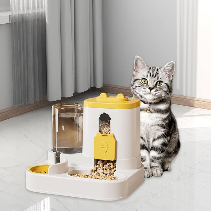Automatic Pet Feeder and Waterer, 2-in-1 Food and Water Dispenser for Cats, Kittens, Small Medium Dogs, Yellow