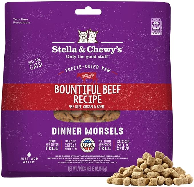 Stella & Chewy's Freeze-Dried Raw Cat Dinner Morsels - Premium Beef Recipe with 98% Grass-Fed Meat & Organs - Natural Grain-Free Cat & Kitten Food - Made in USA - 18 oz