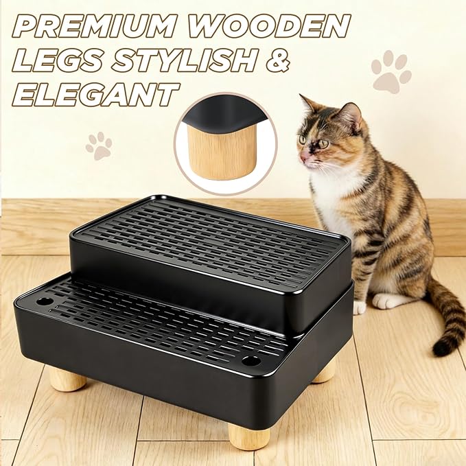 Adjustable 2 Steps Litter Box Ramp, Cat Litter Catcher Mat with Wooden Feet, Filter Function, Litter Box Step for Small & Elderly Cats, Fits Automatic Litter Boxes (Black)